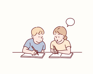 School Kids Helping Each Other Learn in Classroom. Hand drawn style vector design illustrations.