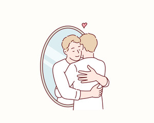 Man Hugging His Reflection in the Mirror – Concept of Self-Love and Acceptance. Hand drawn style vector design illustrations.