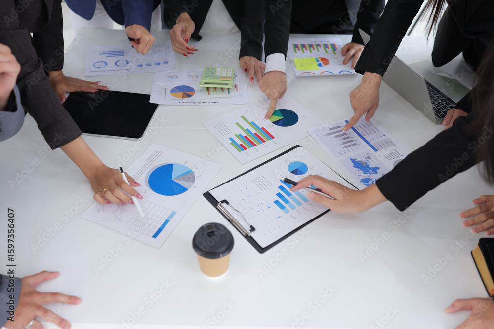 Aufkleber teamwork of business people brainstorming with financial data graph analysis on the table in the mee