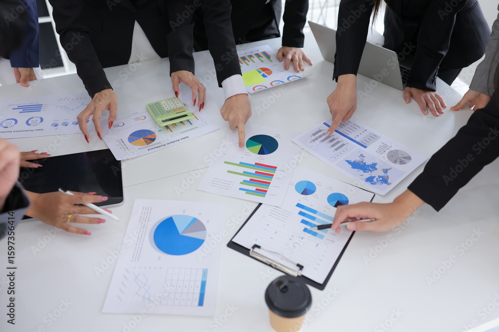 Poster teamwork of business people brainstorming with financial data graph analysis on the table in the mee