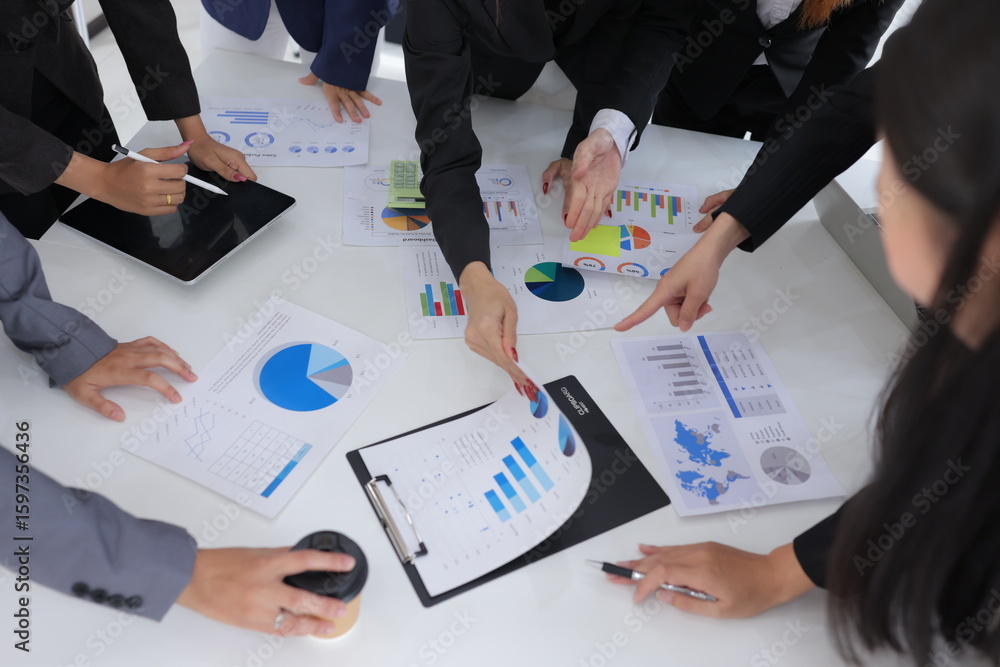 Poster teamwork of business people brainstorming with financial data graph analysis on the table in the mee
