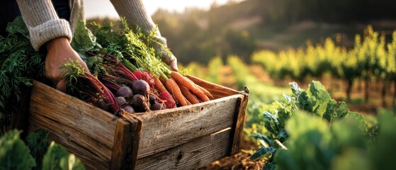 The hands holding a wooden crate filled with freshly harvested vegetables.