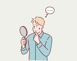 Man Looking at Himself in Hand Mirror with Displeased Expression – Concept of Self-Image and Insecurity. Hand drawn style vector design illustrations.