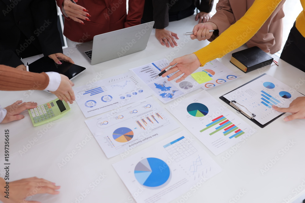 Poster teamwork of business people brainstorming with financial data graph analysis on the table in the mee