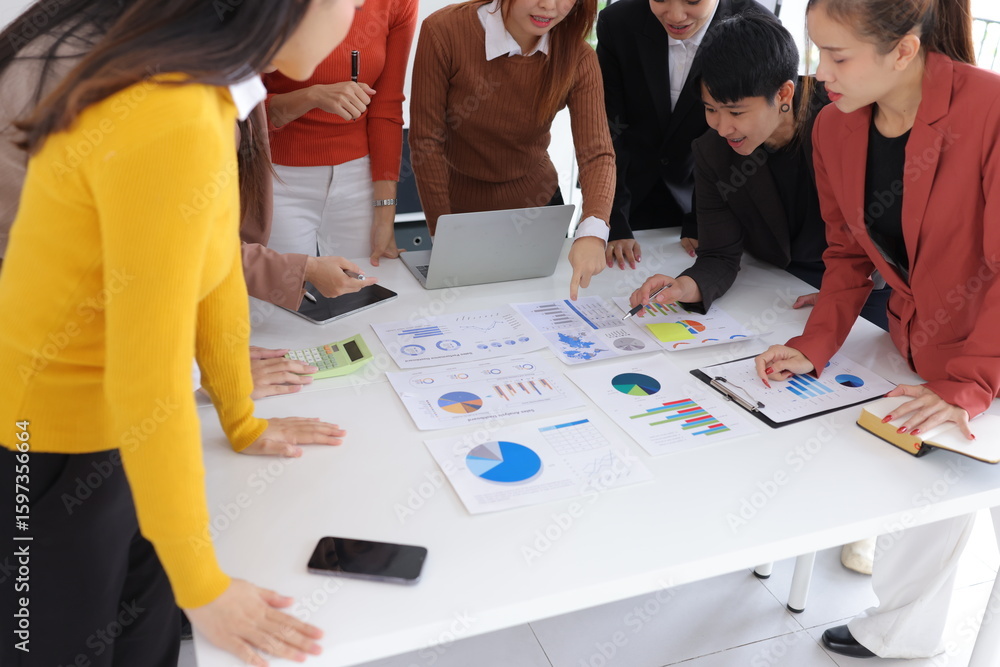 Aufkleber teamwork of business people brainstorming with financial data graph analysis on the table in the mee