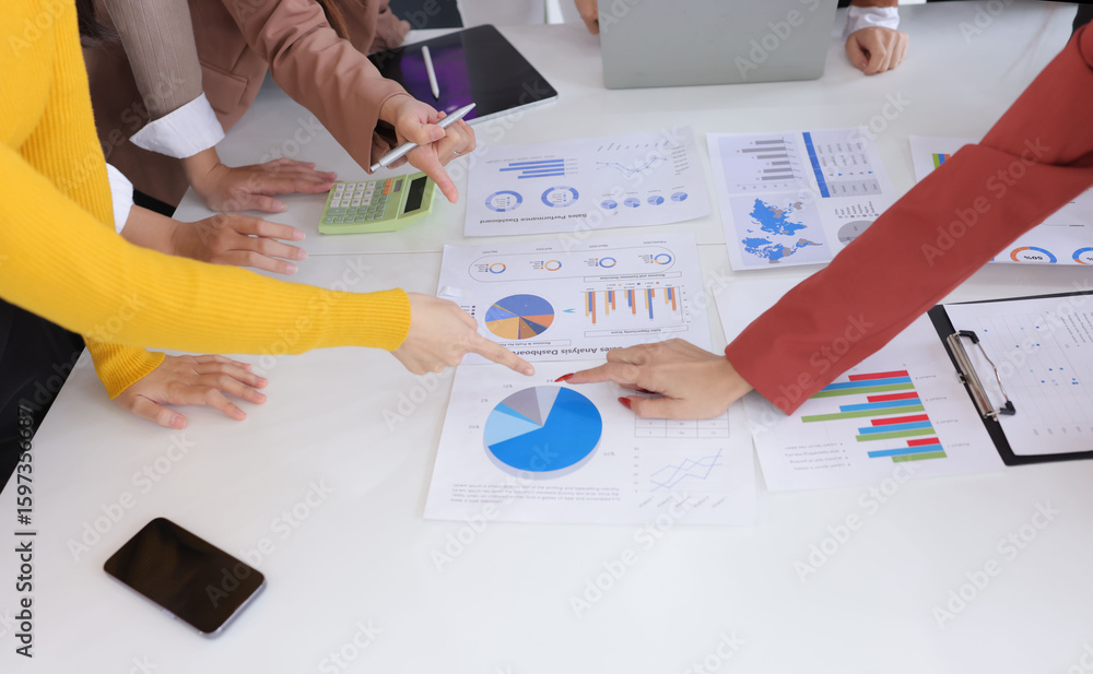 Aufkleber teamwork of business people brainstorming with financial data graph analysis on the table in the mee