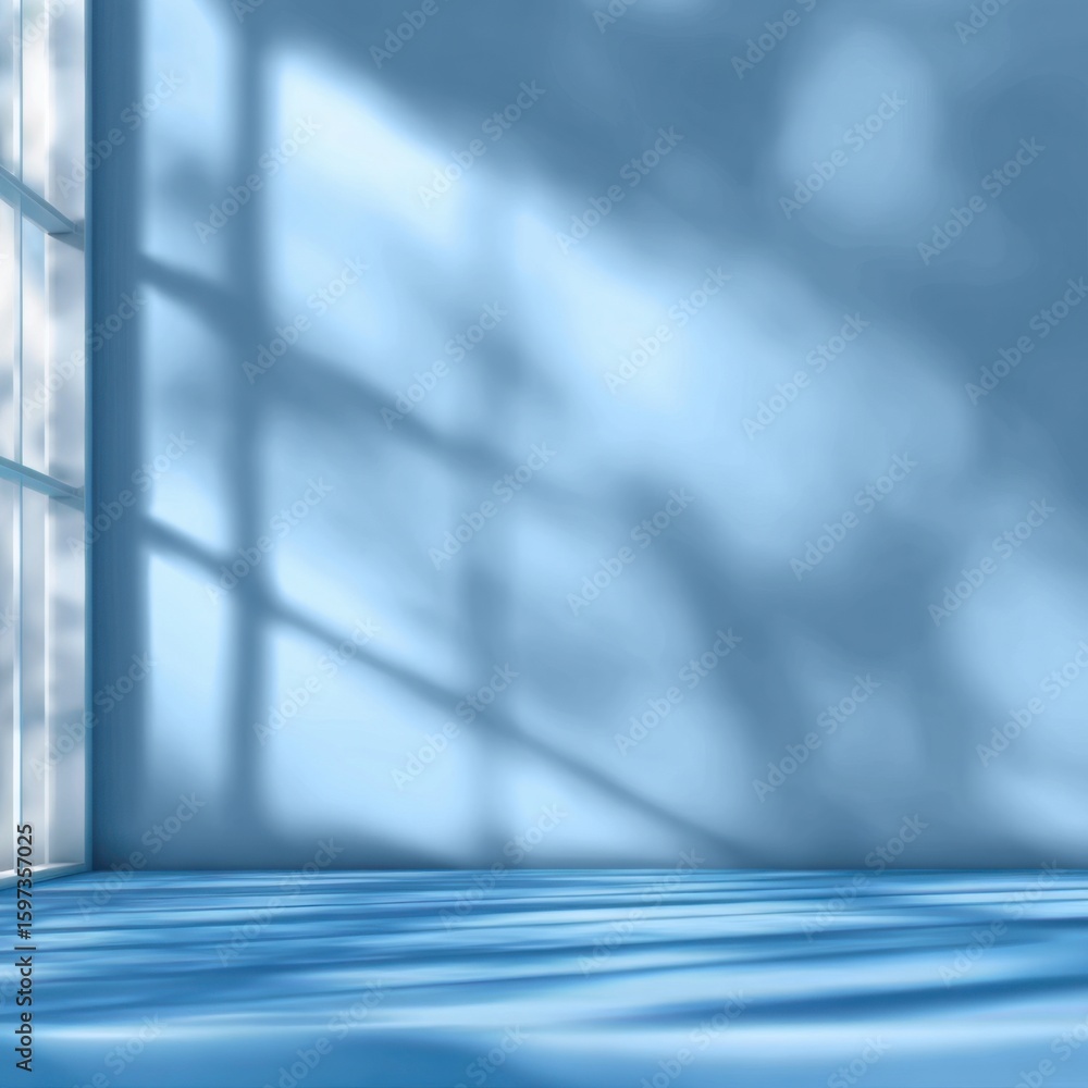 Poster sunlight filters through large windows, creating beautiful patterns on the floor and walls of a tran