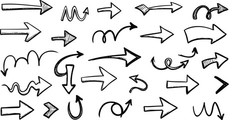 Diverse Collection of Hand-Drawn Arrows Vector Set for Directional Design, Navigation, and UI Elements, Creative Project Enhancement with Decorative Arrow Graphics