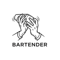 Creative Bartender Logo, Hands Holding and Shaking a Cocktail Shaker, Vector Line Art