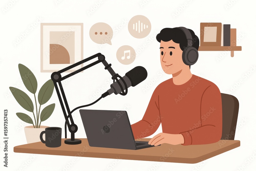 Poster engaging modern podcaster immersed in creative process at stylish workspace utilizing digital tools 