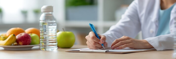 Asian female dietitian analyzing food intake notes and filling meal log on desk, fruits and water bottle placed nearby, bright wellness clinic interior with clear horizontal space for branding