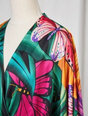 Fototapeta premium Colorful Butterfly Pattern Silk Dress with Vibrant Floral Design