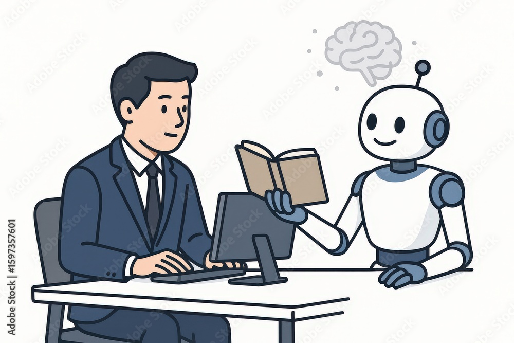 Poster collaborative interaction showcasing a professional man engaging with a humanoid robot presenting kn