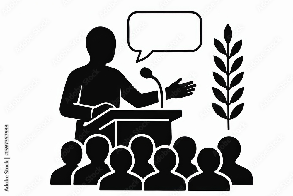 Aufkleber engaging speaker at conference podium addressing an attentive audience with dynamic gestures and sur