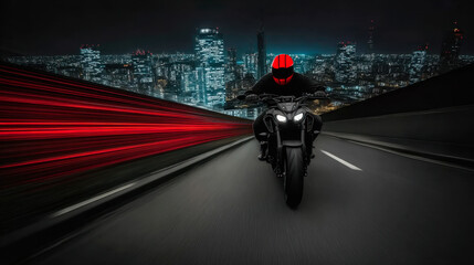 Photo of a man riding a motorcycle in the city at night.