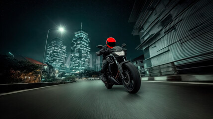Photo of a man riding a motorcycle in the city at night.