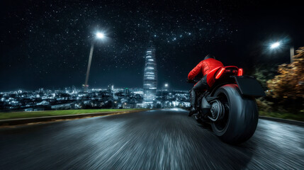 Photo of a man riding a motorcycle in the city at night.