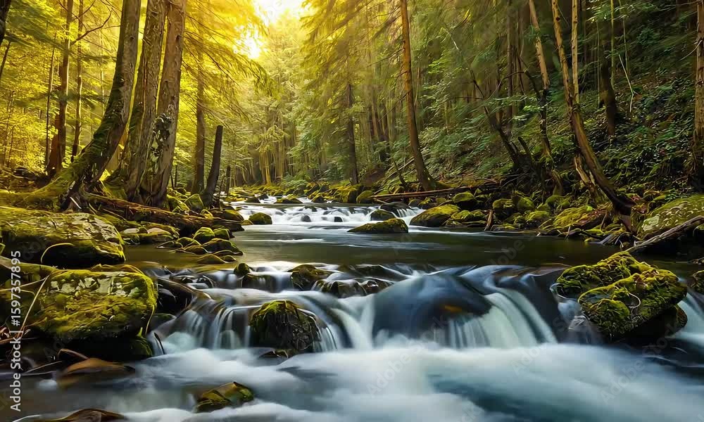 Poster a serene river flows through a lush forest with sunlight filtering through the canopy above trees