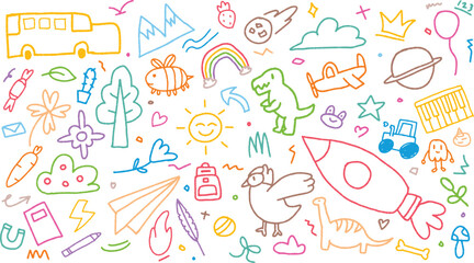Colorful Kids collection of hand drawn doodles featuring school elements
