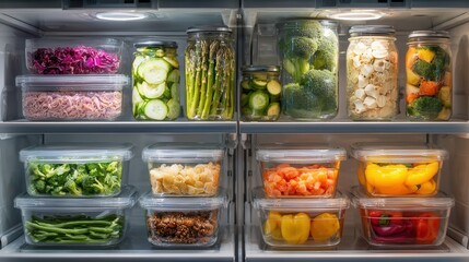 Colorful arrangement of fresh vegetables and fruits stored in clear containers inside a refrigerator
