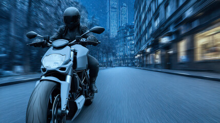 Photo of a man riding a motorcycle in the city at night.