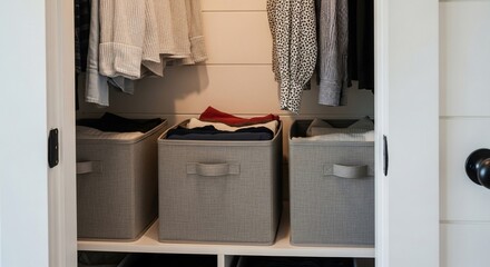 Organized closet space featuring storage bins and neatly hung apparel showcasing decluttering
