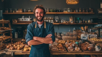 Smiling male baker standing confidently behind bakery counter filled with fresh pastries, warm rustic interior, inviting atmosphere of small coffee