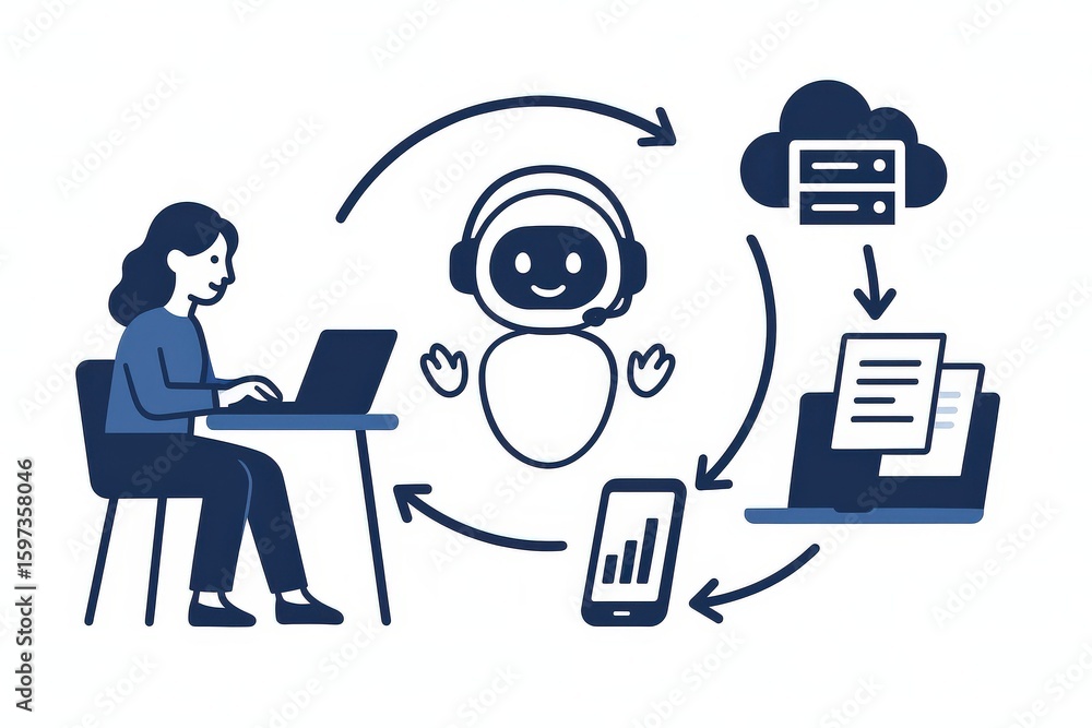 Poster innovative graphic depicting a modern female professional engaging with advanced digital tools in a 