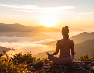 A young woman meditating on a mountaintop at sunrise, wearing yoga clothes, surrounded by fog and sunlight, peaceful mood