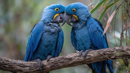 Naklejka premium Two Blue Macaws showing affection on a thick jungle branch, faces close with touching beaks, lush greenery around, bright feathers contrasting beautifully with soft forest light
