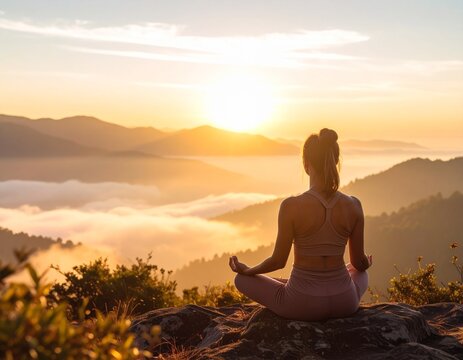 A young woman meditating on a mountaintop at sunrise, wearing yoga clothes, surrounded by fog and sunlight, peaceful mood