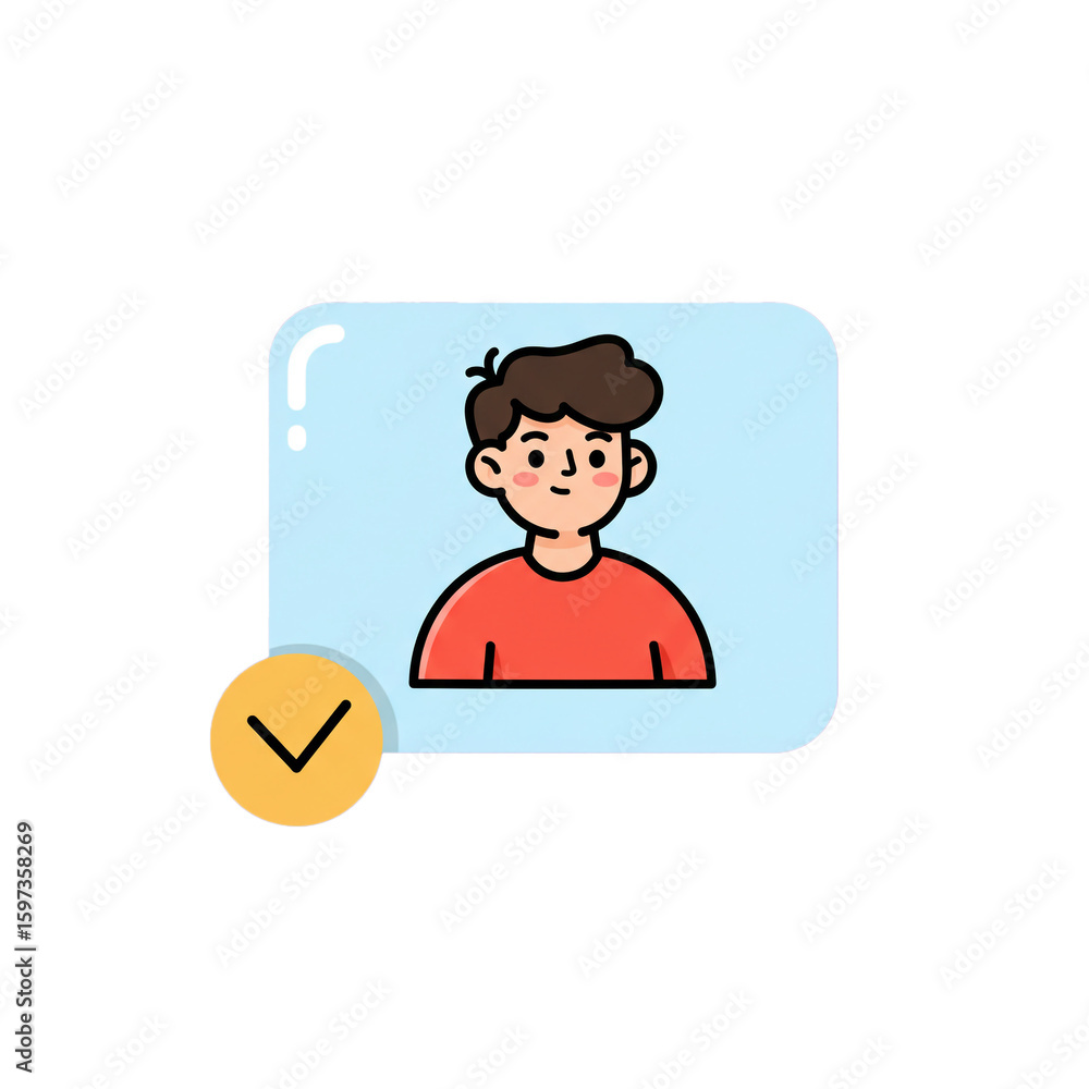 Poster a modern cartoon icon of a verified user profile with a checkmark, symbolizing digital identity and 