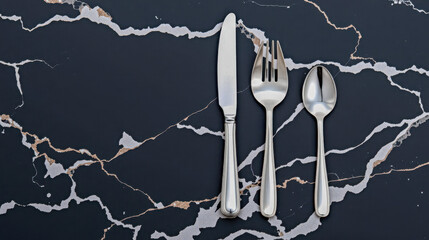 Vintage silver cutlery set on black marble background with copy space, elegant antique flatware for luxury table setting, formal dinner or exclusive restaurant menu