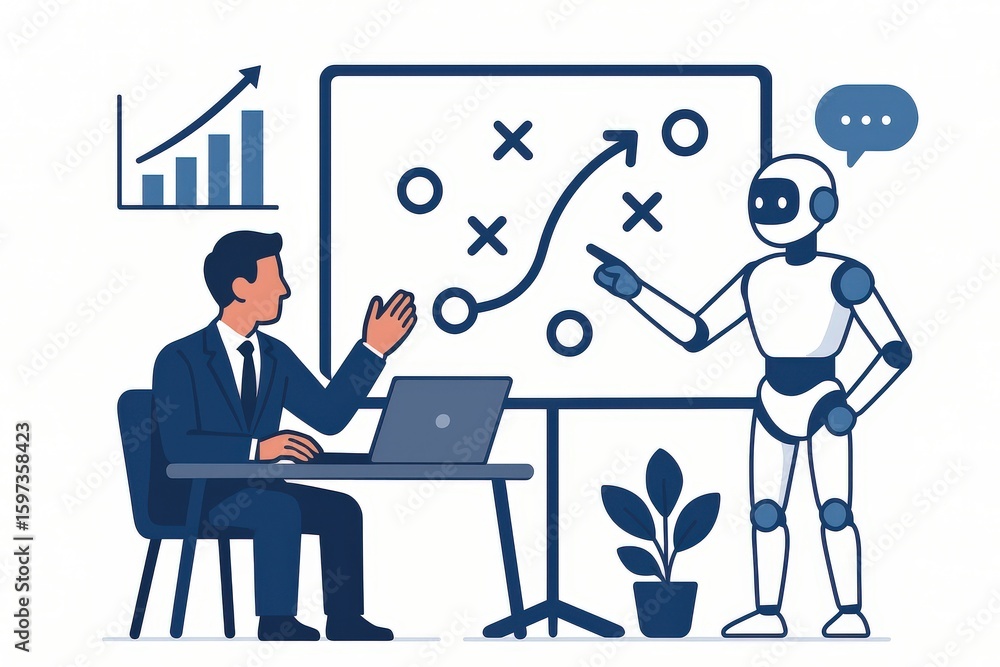 Poster business strategist engaged in analytical meeting with ai assistant presenting growth strategies in 