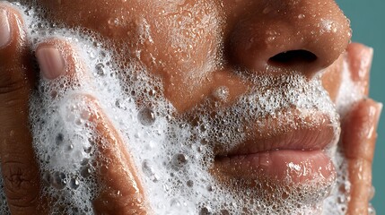 Fototapeta premium Face Washing with Soap Suds Closeup Gentle Cleansing and Skincare Routine