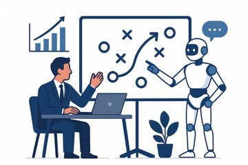 Fototapeta premium Business strategist engaged in analytical meeting with AI assistant presenting growth strategies in a modern workspace emphasizing collaboration and technological integration