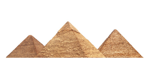 Famous Great Pyramids of Menkaure, Chephren and Cheops, Cairo, Egypt. Three iconic Great Pyramids, Giza Necropolis, have become a popular destination for travellers. Isolated on white background