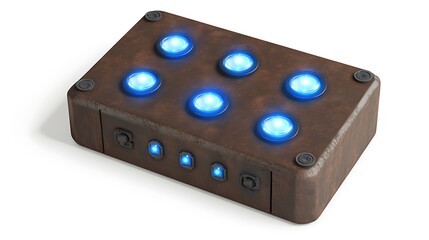 A brown box with six blue lights on top and four smaller lights on the side