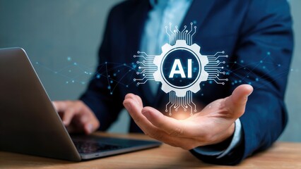 AI technology displayed with open hand near laptop in business setting showing digital future