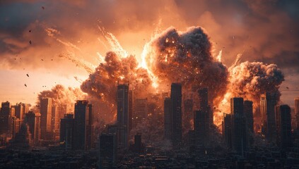 Fototapeta premium Massive explosion over city skyline at sunset