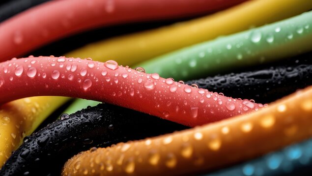 Close-up of colorful electrical cables with water droplets