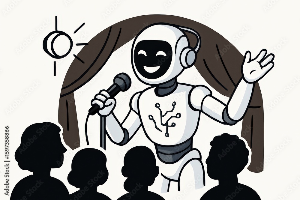 Poster humorous robot entertainer engaging audience with microphone in a lively performance showcasing arti