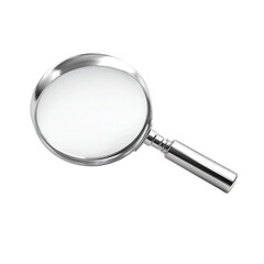 A polished, silver magnifying glass with a circular lens and a cylindrical handle, isolated on a black background