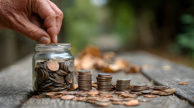 Inflation ,interest rates and global economy. Hand placing coin emergency fund jar, saving money, financial planning, outdoor background