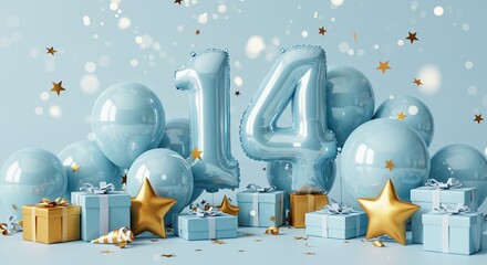 Celebration of 14th birthday with blue balloons, gifts, and stars