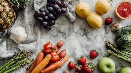 Fresh vegetables and fruits on a marble countertop ready for preparation in a kitchen setting