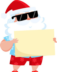 Summer Santa Claus Holding Blank Sign For Text Message - Vector Illustration Flat Design Isolated On Transparent Background