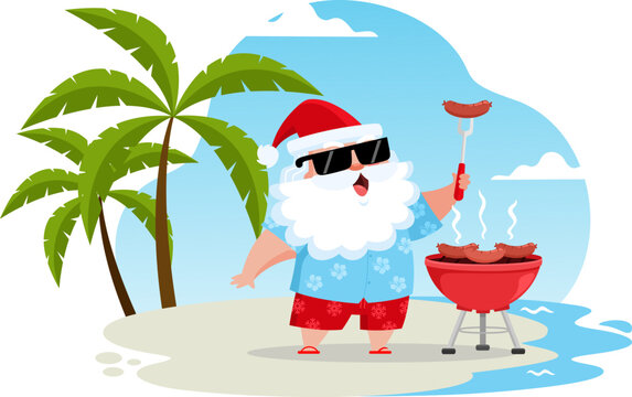 Summer Santa Claus Grilling Sausages On BBQ Grill At Beach - Vector Illustration Flat Design Isolated On Transparent Background