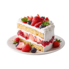 A slice of layered cake, topped with whipped cream and fresh strawberries and blueberries