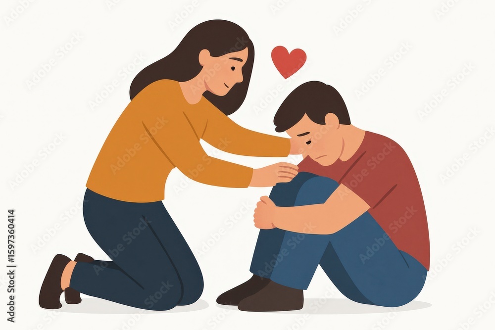 Poster compassionate connection between a supportive woman comforting a distressed man conveying understand